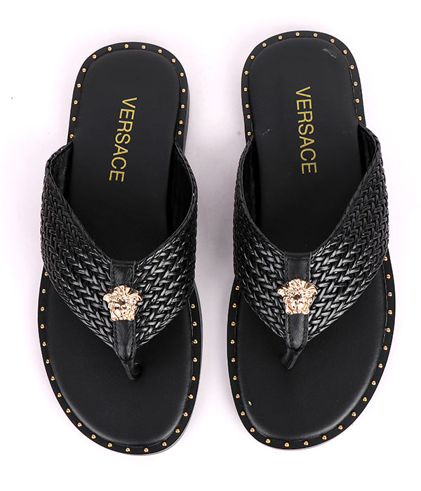 Medusa Twill Weave Men's-Stone Embellished Thong slipper|Black