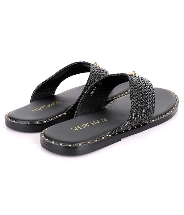 Medusa Twill Weave Men's-Stone Embellished Thong slipper|Black