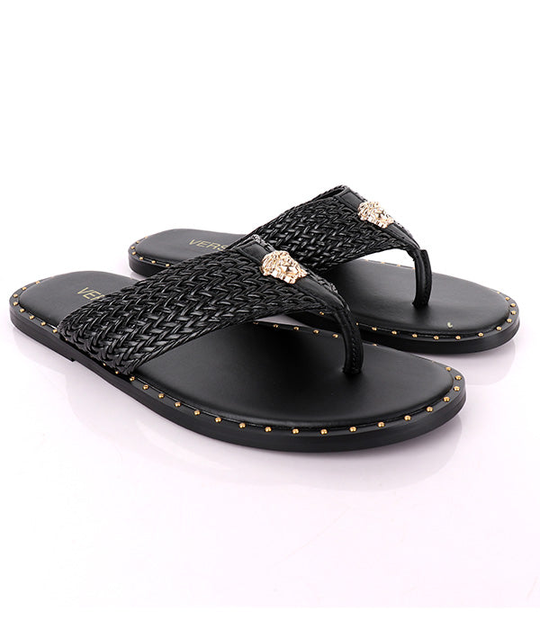 Medusa Twill Weave Men's-Stone Embellished Thong slipper|Black