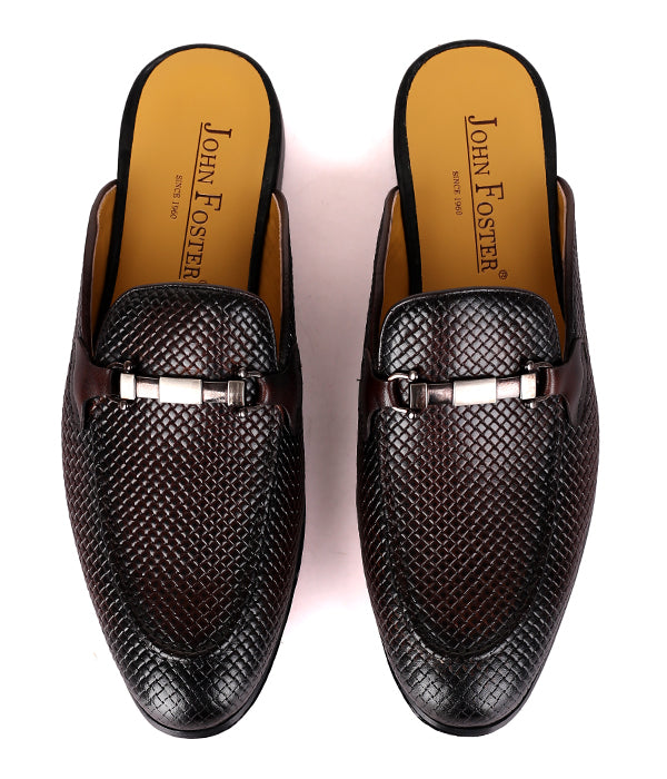 John Foster Woven Horsebit Leather Mules|Coffee