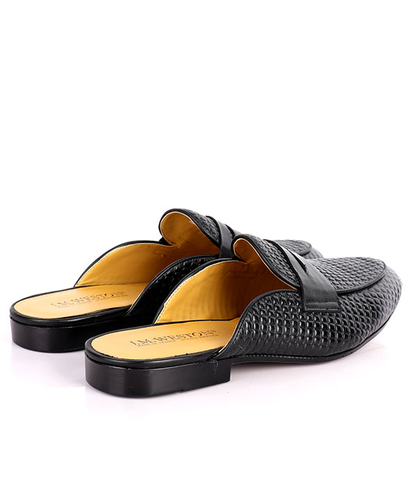 John Foster Square Dotted Penny Mules|Black