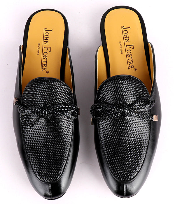 John Foster Dotted Bow Design Genuine Leather Mule|Black