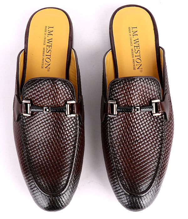 John Foster Woven Horsebit Leather Mules|Coffee-Brown