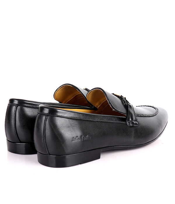 John Foster Plain Leather Horsebit Men's Slip-on Loafers|Black
