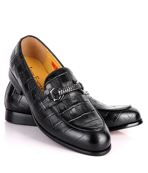 John Foster Black Croc Design Horsebit Loafers