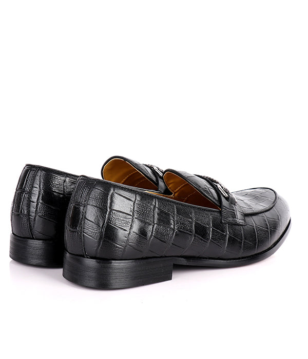 John Foster Black Croc Design Horsebit Loafers