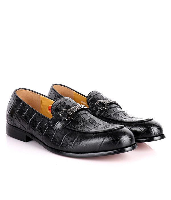 John Foster Black Croc Design Horsebit Loafers