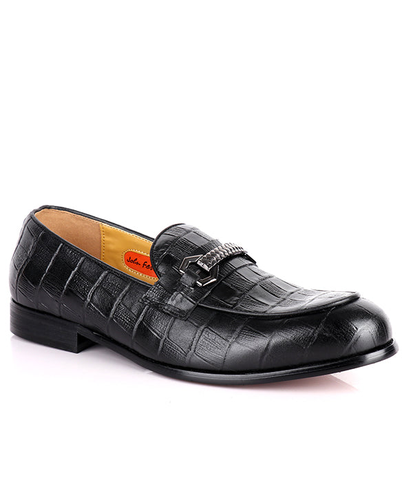 John Foster Black Croc Design Horsebit Loafers
