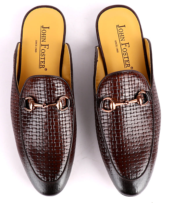 Woven John Foster Horsebit Leather Mules|Coffee