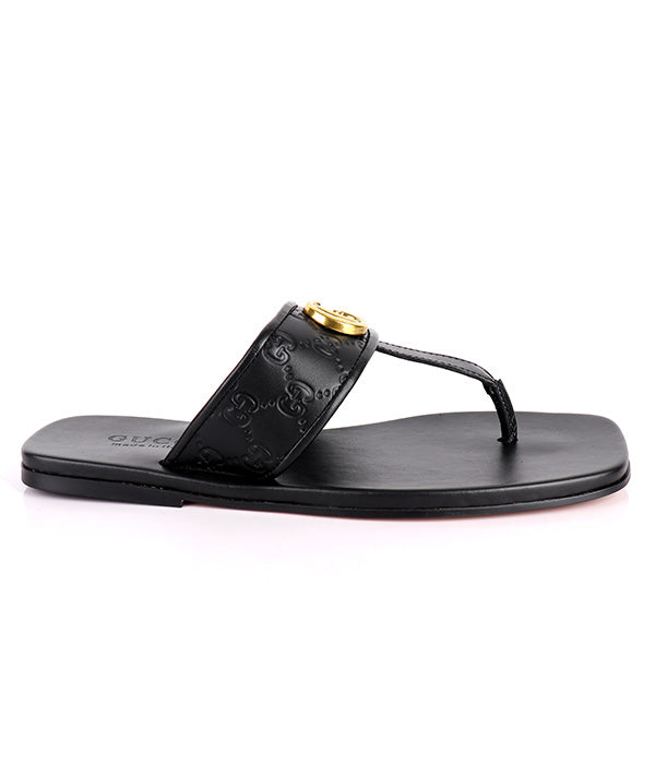 GG Gold Embossed Logo Thong Leather Slippers