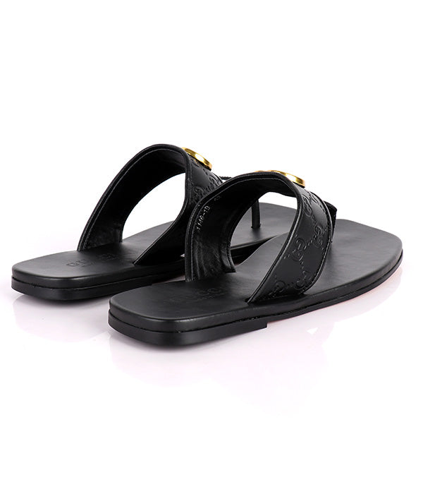 GG Gold Embossed Logo Thong Leather Slippers