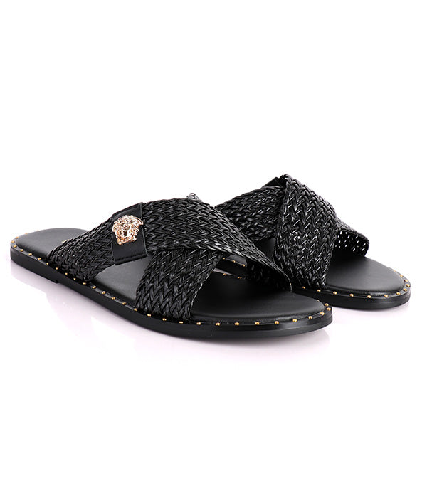 Medusa Twill Weave Men's-Stone Embellished Crisscross Slides|Black