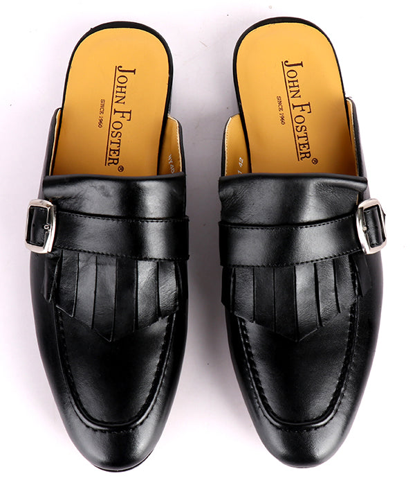 John Foster Fringed Buckled Genuine Leather Mules|Black
