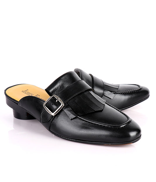 John Foster Fringed Buckled Genuine Leather Mules|Black