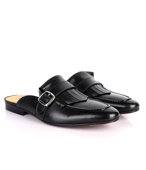 John Foster Fringed Buckled Genuine Leather Mules|Black