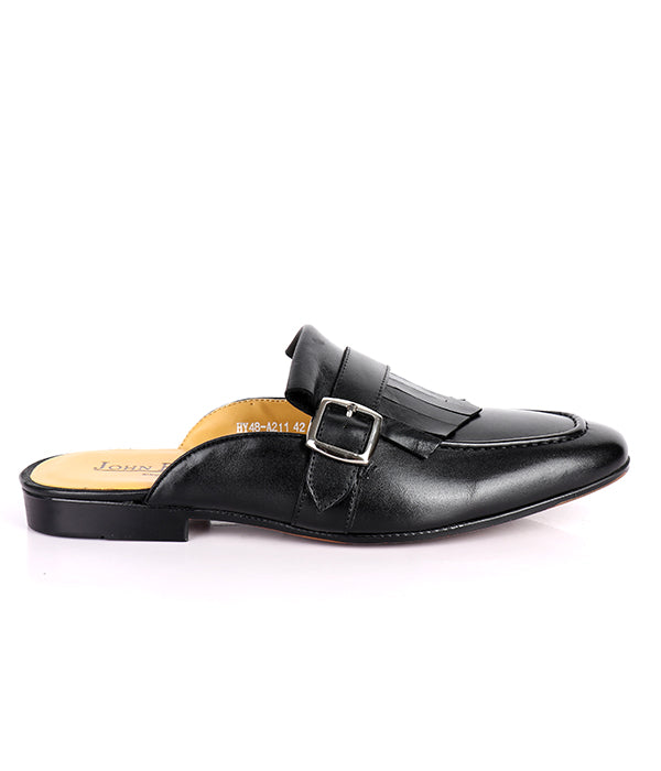 John Foster Fringed Buckled Genuine Leather Mules|Black