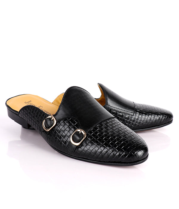 John Foster Woven Monk Strap Leather Mules|Black