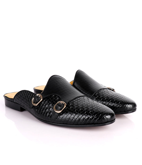 John Foster Woven Monk Strap Leather Mules|Black