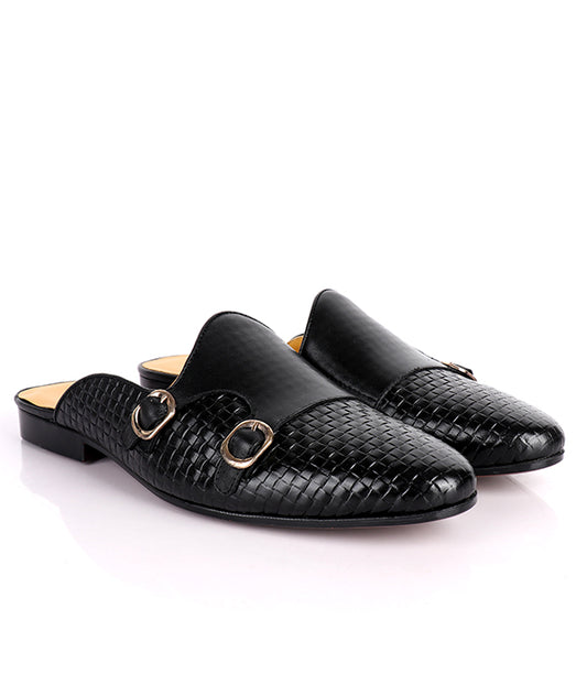 John Foster Woven Monk Strap Leather Mules|Black