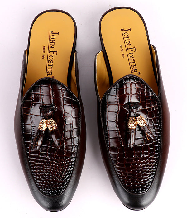 John Foster Croc Design Leather Tassel Men's Mules|Brown