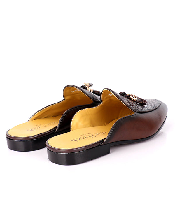 John Foster Croc Design Leather Tassel Men's Mules|Brown