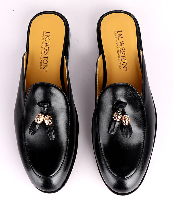 John Foster Men's Tassel Genuine Leather Mules|Black