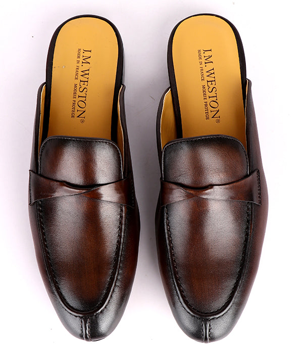 John Foster Plain Genuine Leather Men's Mules|Brown