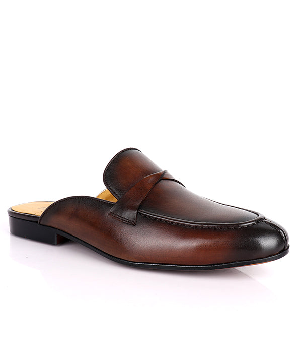 John Foster Plain Genuine Leather Men's Mules|Brown
