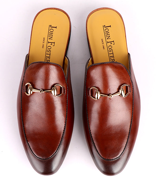 John Foster Plain Genuine Leather Horsebit Mules|Brown