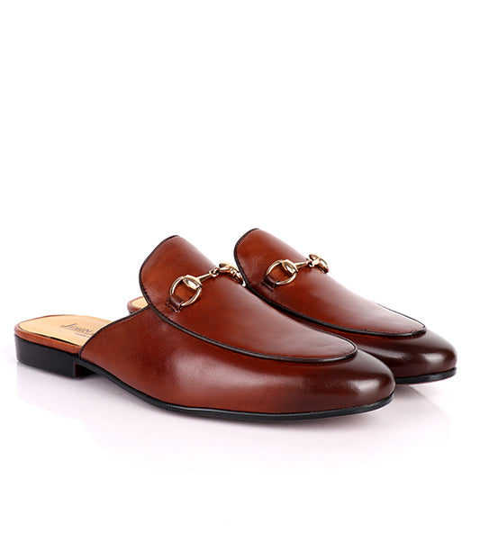 John Foster Plain Genuine Leather Horsebit Mules|Brown