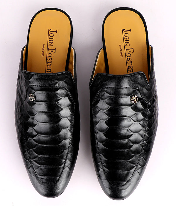 John Foster Croc Design Leather mules |Black