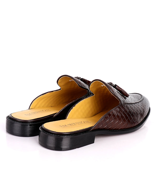 John Foster Woven Tassel Leather Mules|Coffee