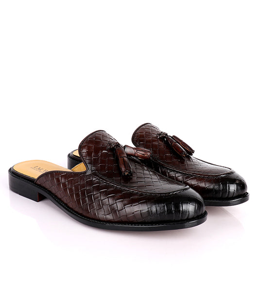 John Foster Woven Tassel Leather Mules|Coffee