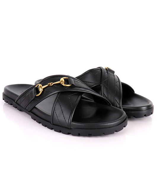 GG HorseBit-Crisscross Slippers|Black