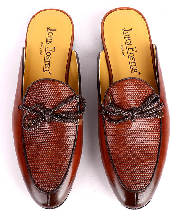 John Foster Dotted Bow Design Genuine Leather Mule|Brown
