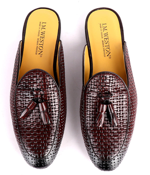 John Foster Woven Leather Tassel Mules|Coffee
