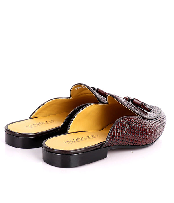 John Foster Woven Leather Tassel Mules|Coffee