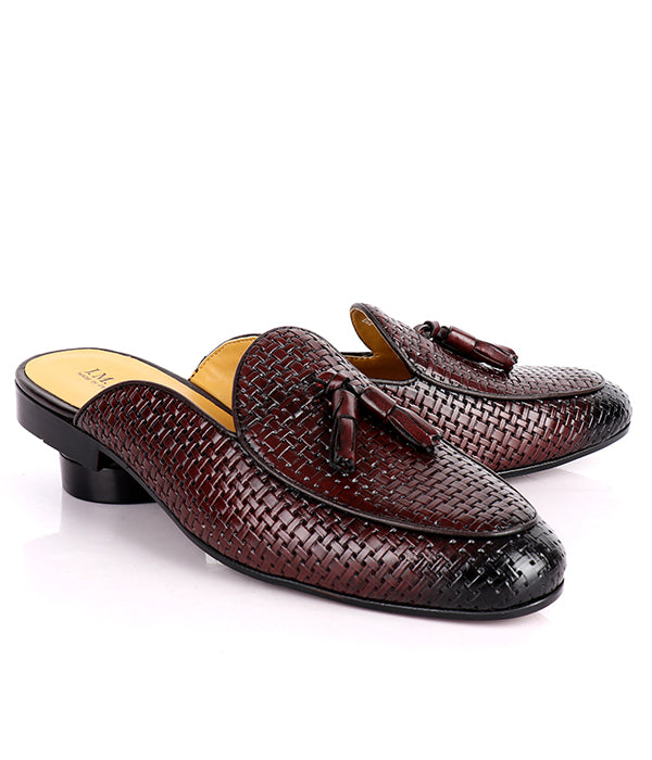 John Foster Woven Leather Tassel Mules|Coffee