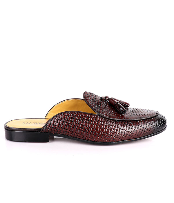 John Foster Woven Leather Tassel Mules|Coffee