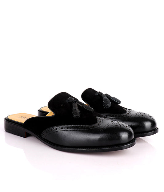 John Foster Brogue Suede Tassel Mule|Black