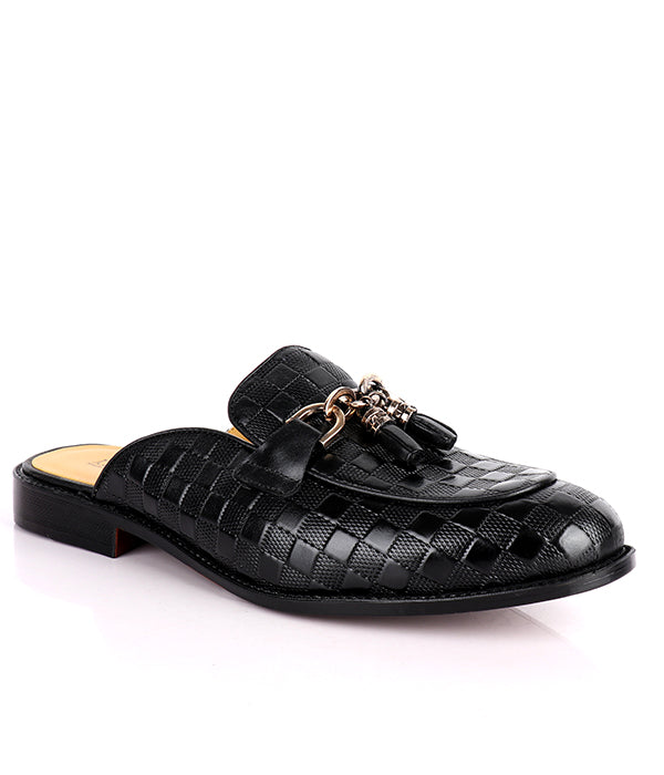 John Foster Square Pattern Tassel Horsebit Mules| Black