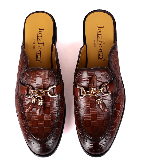 John Foster Square Pattern Tassel Horsebit Mules|Brown