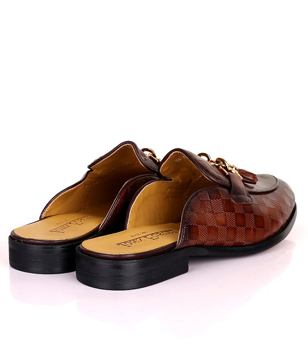 John Foster Square Pattern Tassel Horsebit Mules|Brown