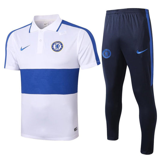 Chelsea Prematch Polo Tracksuit | White Blue Navy Blue