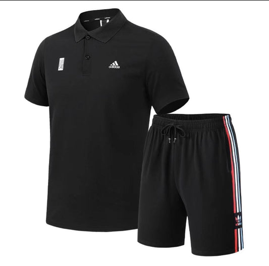 Adidas Buttoned Collar Training Set Men's Shortsuit-Black