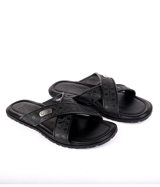 S F crisscross embossed slippers | Black