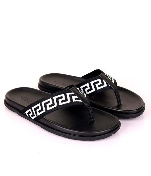 Medusa Greca Patterned Thong Slipper|Black
