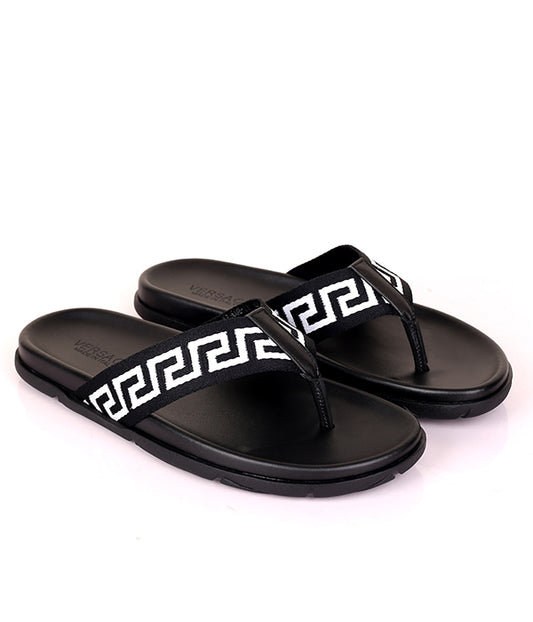 Medusa Greca Patterned Thong Slipper|Black