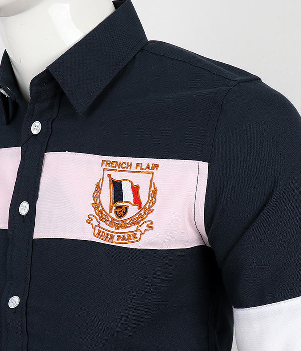 Eden Park French Flair Crest Logo Shirt | Navy Blue White Pink