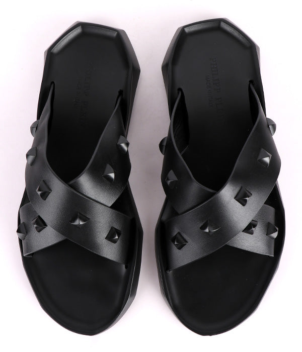 P.Plein Studded Crisscross Cover  Slides|Black